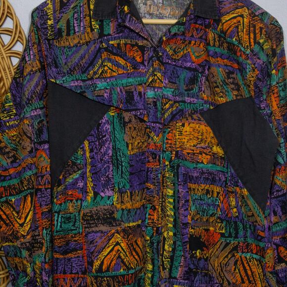Vtg Roper Western Shirt Abstract Geometric Southwest Button Up L | Dark Autumn - Picture 2 of 11
